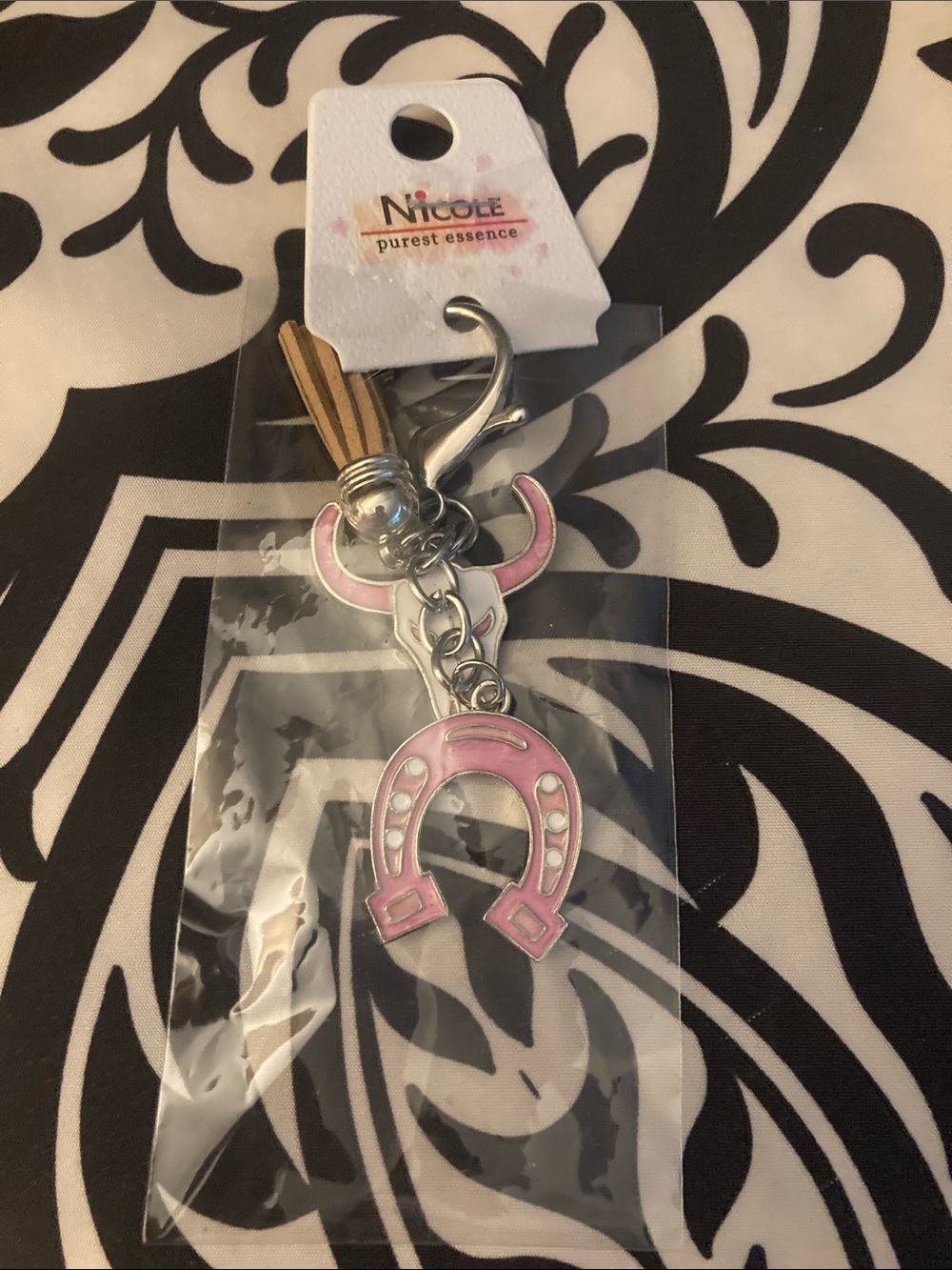 Nicole Pink Enamel Horseshoe Keychain with Tassel